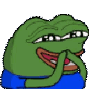 Pepe the Frog covering his mouth with his hands while laughing.