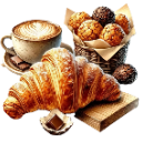 A flaky croissant sits next to a cup of latte and a basket of assorted pastries.