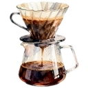 A glass pour-over coffee dripper sitting on top of a glass carafe filled with dark coffee.