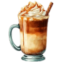A glass mug filled with a layered coffee drink topped with whipped cream, caramel drizzle, and a cinnamon stick.