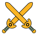 Crossed swords with golden blades and green handles.