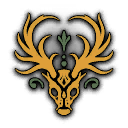Deer head with large, symmetrical antlers and decorative patterns in gold and green on a black background.