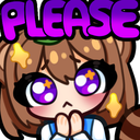 Anime girl with raccoon ears and large sparkling eyes holding her hands together in a begging gesture with the word PLEASE a…