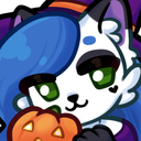 A stylized cat character with blue hair and green eyes holds a small orange jack-o'-lantern with a mischievous expression.