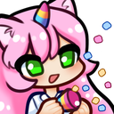 Anime girl with pink hair and a unicorn horn smiling while holding a colorful party popper that is releasing confetti.