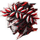 A stone-textured warrior bust wearing a red and white laurel wreath with a serious, stoic expression.