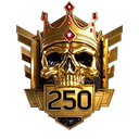 A golden skull wearing a crown with a red gemstone and the number 250 on a shield plaque.