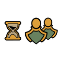 Hourglass icon next to two stylized human figures representing a group waiting.
