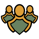 Three stylized figures arranged in a triangular formation with shield-shaped bodies in gold and green.