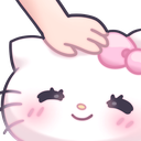 A hand gently petting the head of a happy, blushing character with a pink bow.