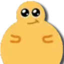 A round yellow blob character with large eyes and a small, smug smirk on its face.