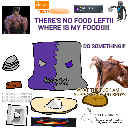 A chaotic collage featuring a screaming horse, a split-colored purple and gray creature, and text demanding food.