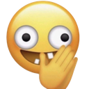 A yellow smiley face with wide eyes and a missing tooth covering its mouth with a hand.