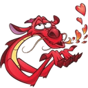A small red dragon with a playful expression blowing a stream of floating hearts.