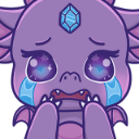 A small purple dragon with large, sparkling eyes crying blue tears while holding its hands to its face.