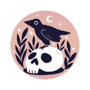A black crow sits perched on a white skull, surrounded by dark leaves and a small crescent moon against a pink circular back…