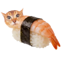 A cat head attached to a piece of shrimp sushi with a nori wrap.