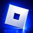 A tilted white square emblem with a square cutout in the center, set against a glowing blue background.