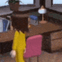 A 3D anime-style character in a yellow outfit falling forward onto a pink chair.