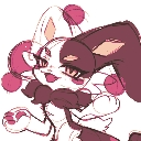 An anthropomorphic rabbit with a smug expression juggling pink spheres.