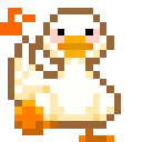 A small white pixel art duck dancing happily with a musical note floating above its head.