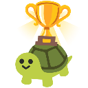 A cute green turtle wearing a large golden trophy on its back.