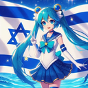 An anime girl with long teal hair and a sailor-style outfit poses with a peace sign in front of a blue and white flag.