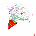 A red party popper erupting with a cloud of colorful confetti.