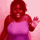 A person with a surprised expression holding their hands up in a defensive gesture, presented in a repeating deep-fried red …