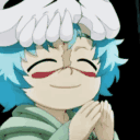 An anime character with blue hair clapping their hands together with a smug, closed-eye smile.