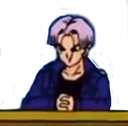 Trunks from Dragon Ball sitting at a desk with hands clasped in a serious, waiting pose.