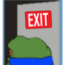 A green frog-like character walking away toward a red exit sign.