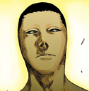 A human face with a completely neutral, stoic expression staring directly forward.