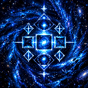 A glowing blue geometric symbol floating in the center of a swirling dark blue galaxy.
