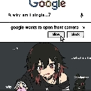 Anime girl looking down at a computer screen showing a Google search for why am I single and a camera access prompt.