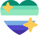 Heart shape with a green, blue, and purple gradient and two yellow sparkles.