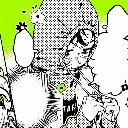 A manga character with a focused expression and a green background.