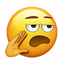 A yellow smiley face with a bored expression holds its hand up to its mouth.
