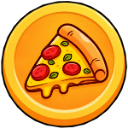 A slice of pepperoni pizza centered inside a circular gold coin.