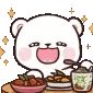 A white cartoon bear happily eating from a bowl with sparkles and hearts appearing around it.