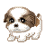 A row of four identical pixel art puppies with large brown and white patches and wide, innocent eyes.