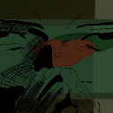 A dark, abstract shape with a red highlight against a dark green background.