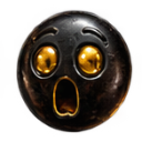 A dark metallic face with wide glowing gold eyes and an open mouth showing extreme shock.