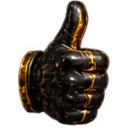A black and gold armored gauntlet making a thumbs-up gesture.