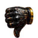 An armored black and gold metal gauntlet performing a thumbs down gesture.