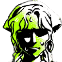 Anime character with a stressed expression and sweat drop, rendered in high-contrast neon green and black.