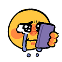 A yellow cartoon character with large eyes crying while holding and looking at a purple smartphone.