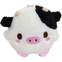 A round, fluffy white cow-pig hybrid plushie with black spots, a pink snout, and pink cheeks.