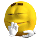 Yellow sphere character covering its mouth with a white gloved hand while looking smug.