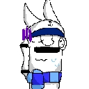 A pixelated character with a blue headband and scarf looking stressed with purple sweat marks.